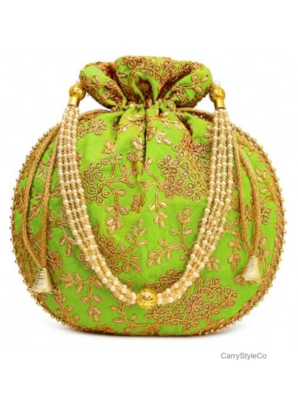 Satin Potli Bag Gold Thread Sequin Embroidered Pearl Handle Wristlet